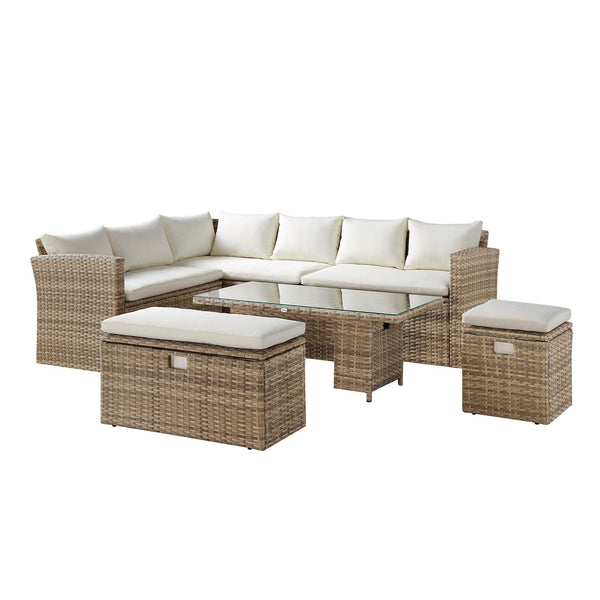 Granchester Rattan Rectangular Corner Dining Sofa Set with Rising Table, Natural