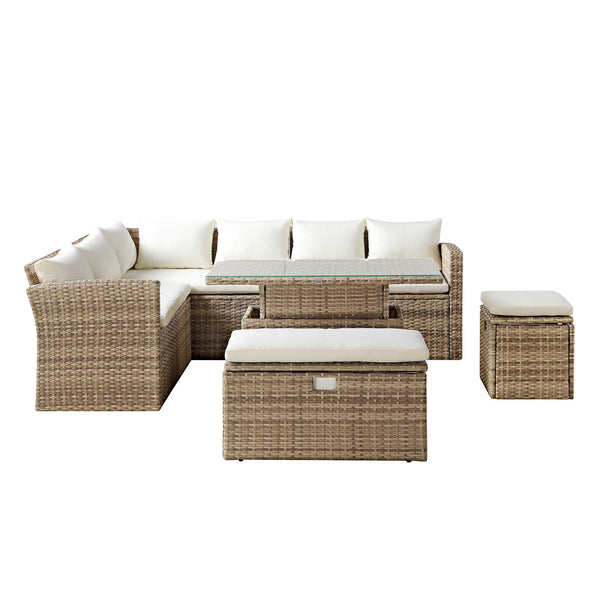 Granchester Rattan Rectangular Corner Dining Sofa Set with Rising Table, Natural