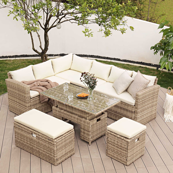 Granchester Rattan Rectangular Corner Dining Sofa Set with Rising Table, Natural