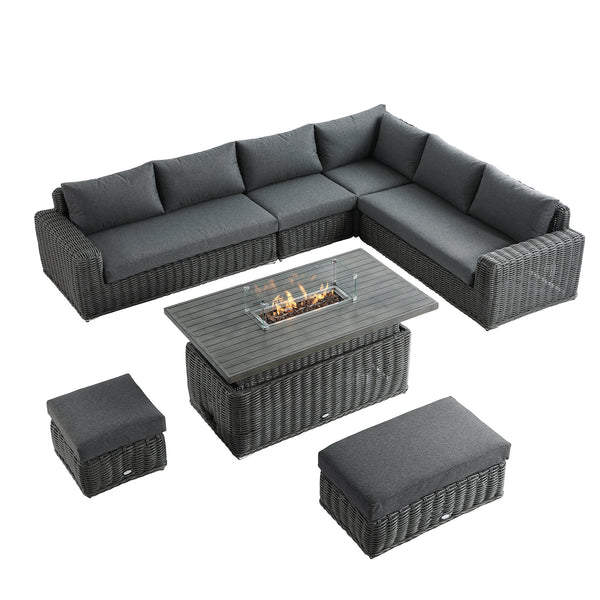 Bellagio Round Wicker Large Corner Casual Dining Set with Rising Firepit Table, Dark Grey