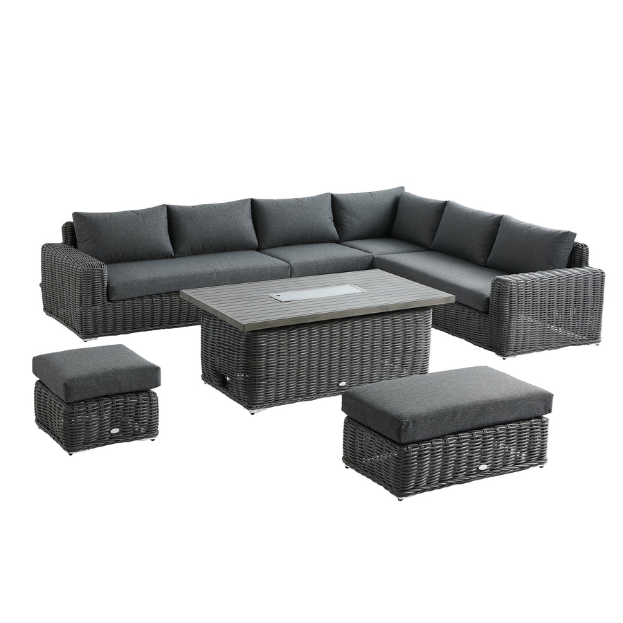 Bellagio Round Wicker Large Corner Casual Dining Set with Rising Firepit Table, Dark Grey