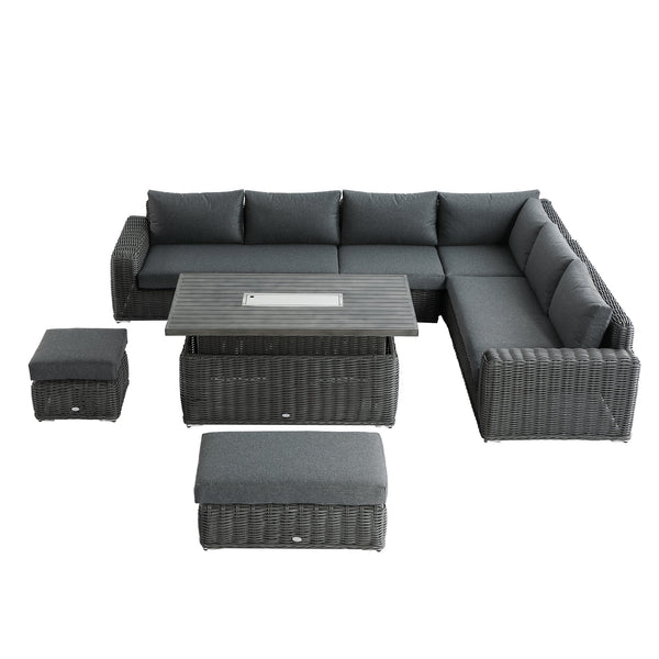 Bellagio Round Wicker Large Corner Casual Dining Set with Rising Firepit Table, Dark Grey