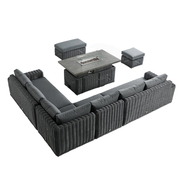 Bellagio Round Wicker Large Corner Casual Dining Set with Rising Firepit Table, Dark Grey