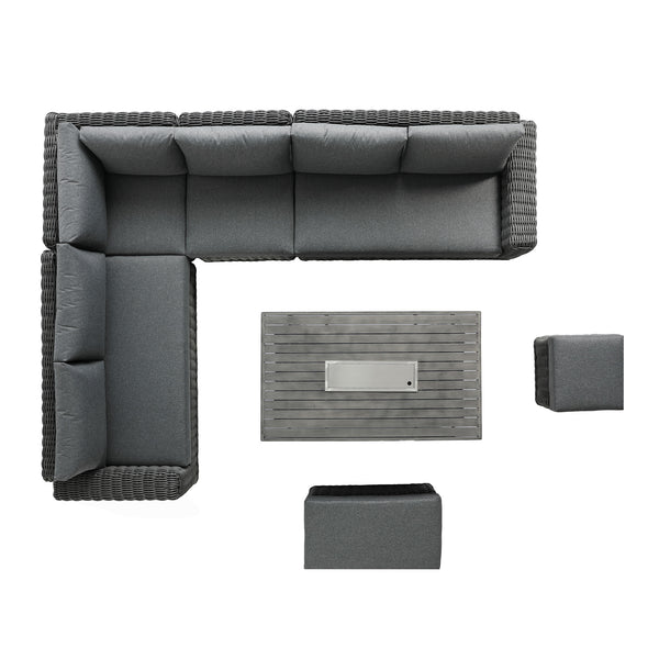 Bellagio Round Wicker Large Corner Casual Dining Set with Rising Firepit Table, Dark Grey