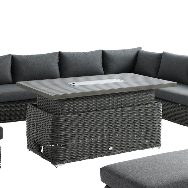 Bellagio Round Wicker Large Corner Casual Dining Set with Rising Firepit Table, Dark Grey