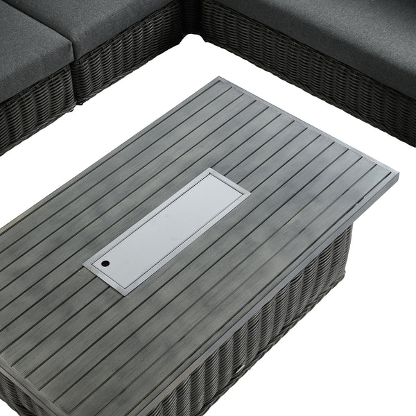 Bellagio Round Wicker Large Corner Casual Dining Set with Rising Firepit Table, Dark Grey