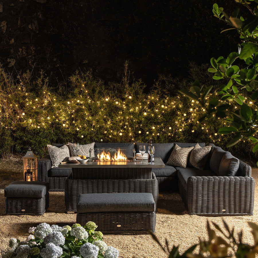 Bellagio Round Wicker Large Corner Casual Dining Set with Rising Firepit Table, Dark Grey