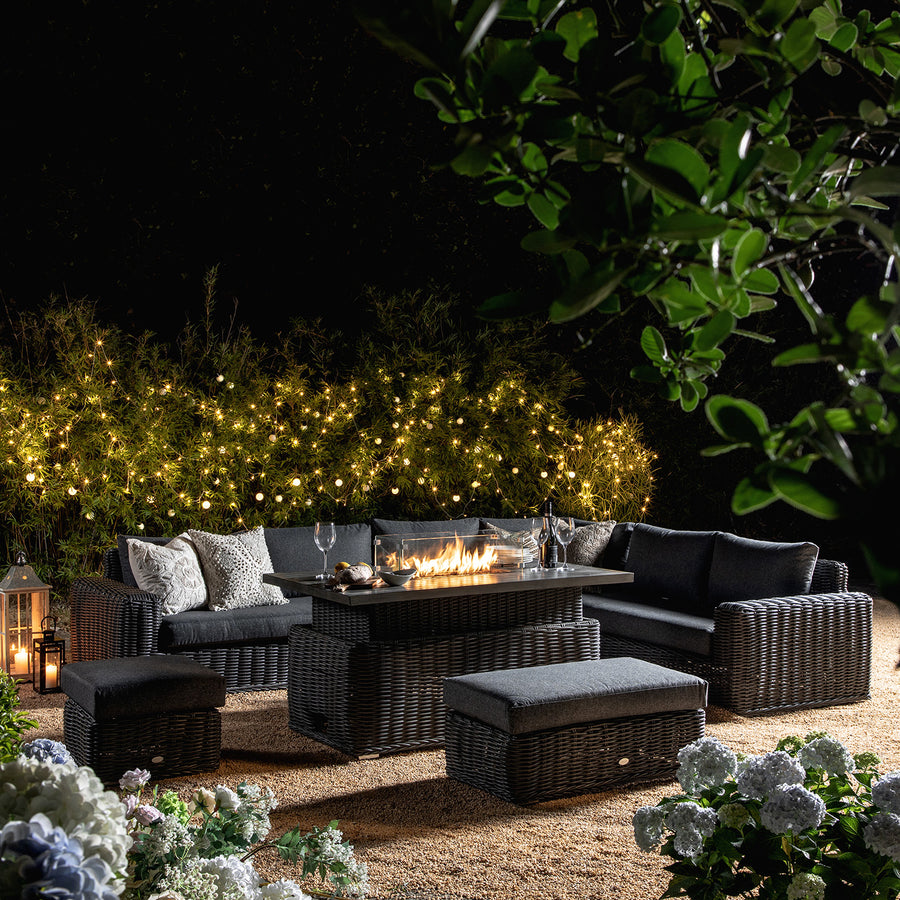 Bellagio Round Wicker Large Corner Casual Dining Set with Rising Firepit Table, Dark Grey