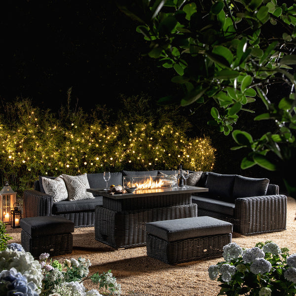 Bellagio Round Wicker Large Corner Casual Dining Set with Rising Firepit Table, Dark Grey