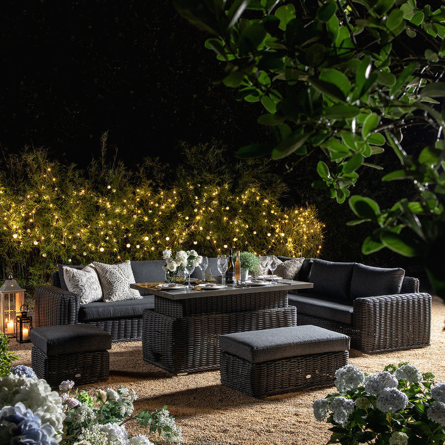 Bellagio Round Wicker Large Corner Casual Dining Set with Rising Firepit Table, Dark Grey