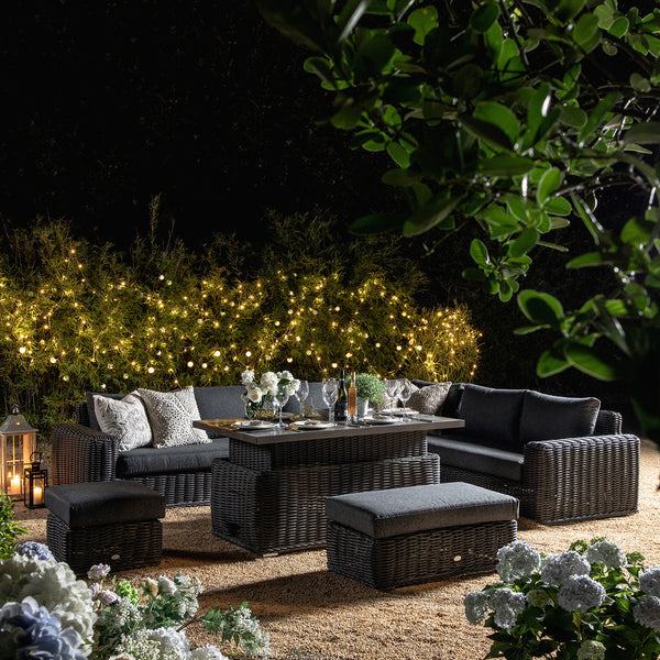 Bellagio Round Wicker Large Corner Casual Dining Set with Rising Firepit Table, Dark Grey