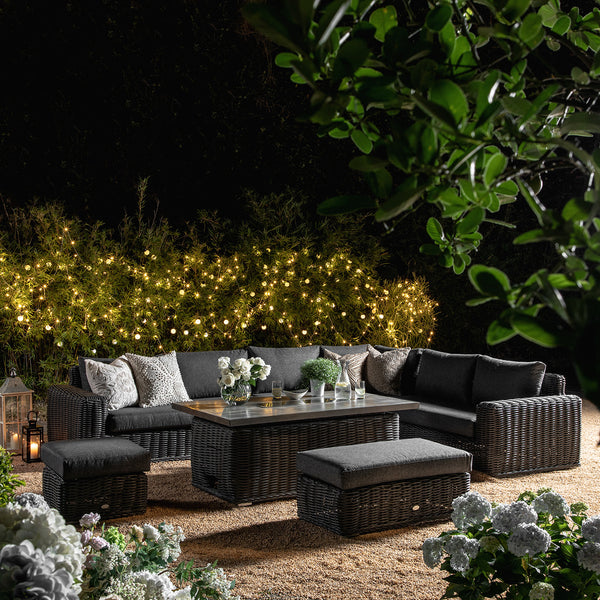 Bellagio Round Wicker Large Corner Casual Dining Set with Rising Firepit Table, Dark Grey