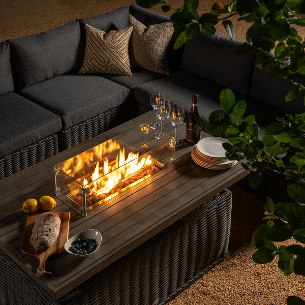 Bellagio Round Wicker Large Corner Casual Dining Set with Rising Firepit Table, Dark Grey