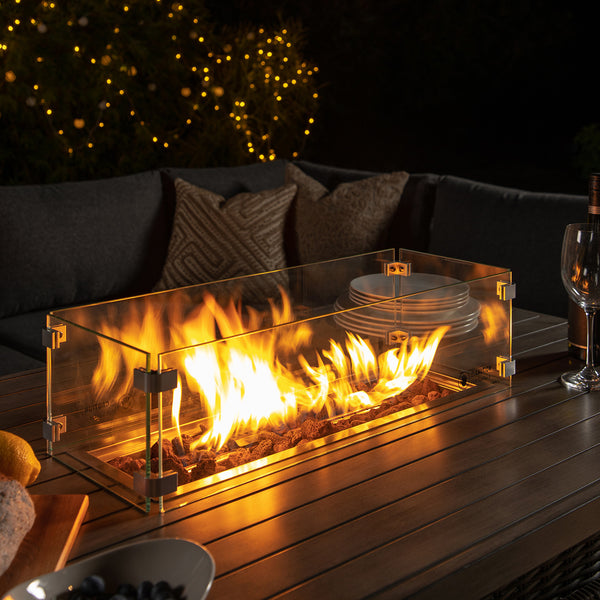 Bellagio Round Wicker Large Corner Casual Dining Set with Rising Firepit Table, Dark Grey