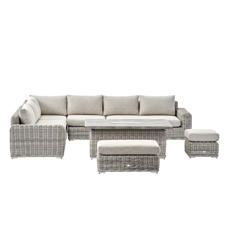 Bellagio Round Wicker Large Corner Casual Dining Set with Rising Firepit Table, Light Grey