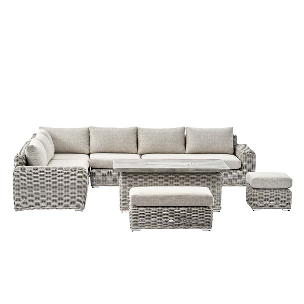 Bellagio Round Wicker Large Corner Casual Dining Set with Rising Firepit Table, Light Grey