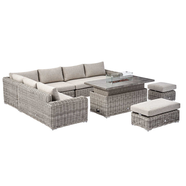 Bellagio Round Wicker Large Corner Casual Dining Set with Rising Firepit Table, Light Grey