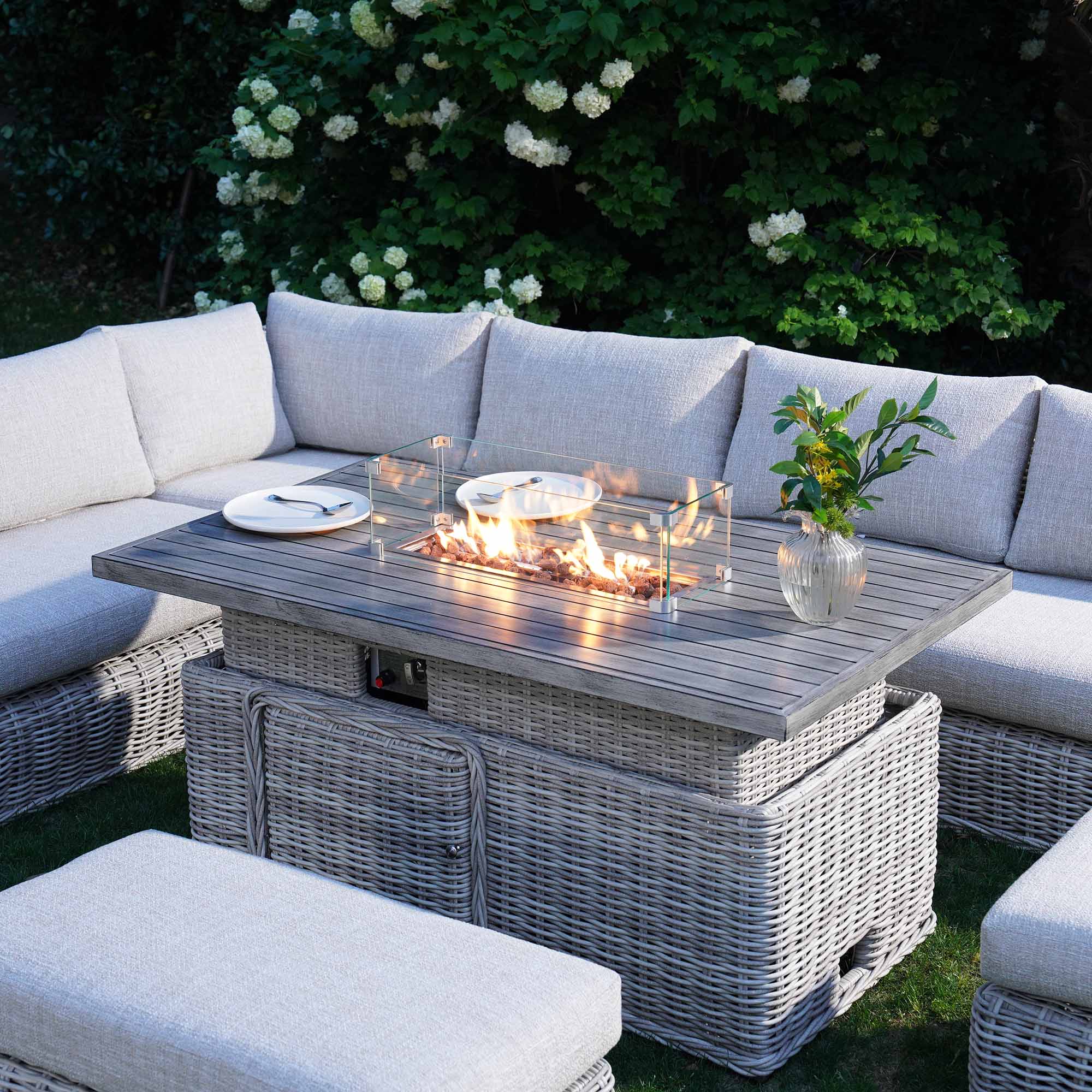 Bellagio Round Wicker Large Corner Casual Dining Set with Rising Firepit Table, Light Grey