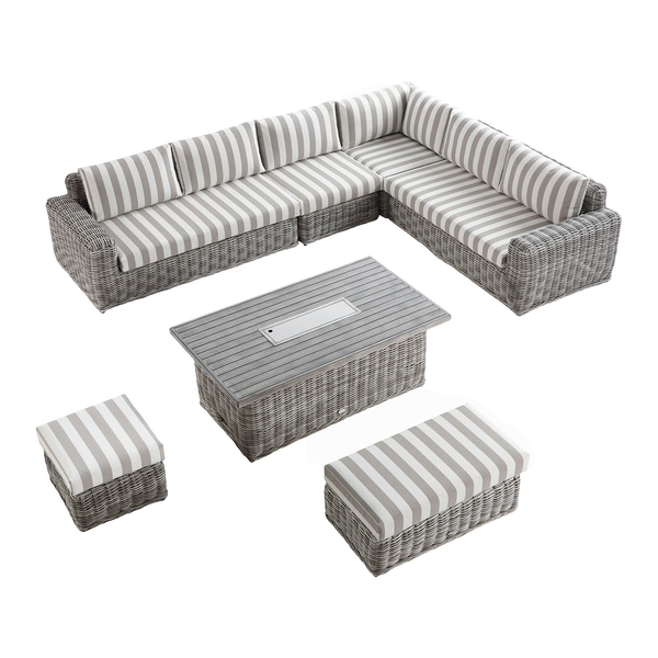 Bellagio Round Wicker Large Corner Casual Dining Set with Rising Firepit Table, Light Grey with Taupe Stripes - daals