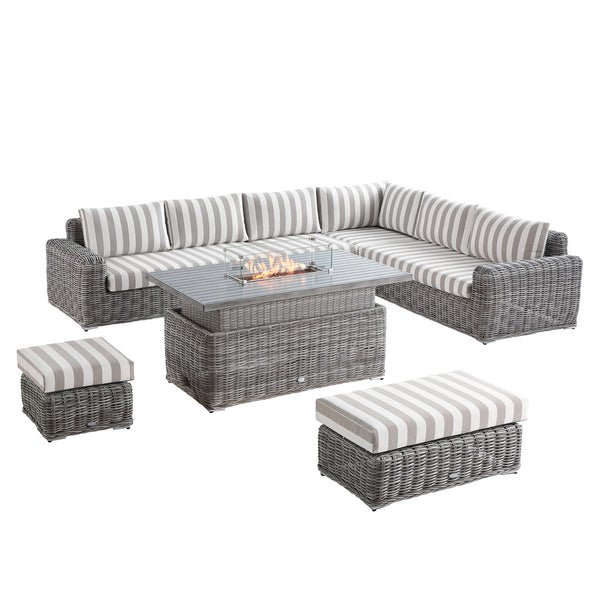 Bellagio Round Wicker Large Corner Casual Dining Set with Rising Firepit Table, Light Grey with Taupe Stripes - daals