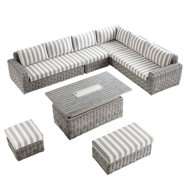 Bellagio Round Wicker Large Corner Casual Dining Set with Rising Firepit Table, Light Grey with Taupe Stripes