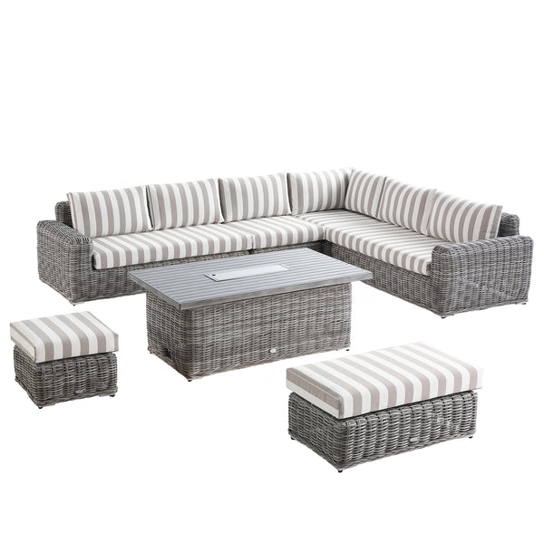 Bellagio Round Wicker Large Corner Casual Dining Set with Rising Firepit Table, Light Grey with Taupe Stripes