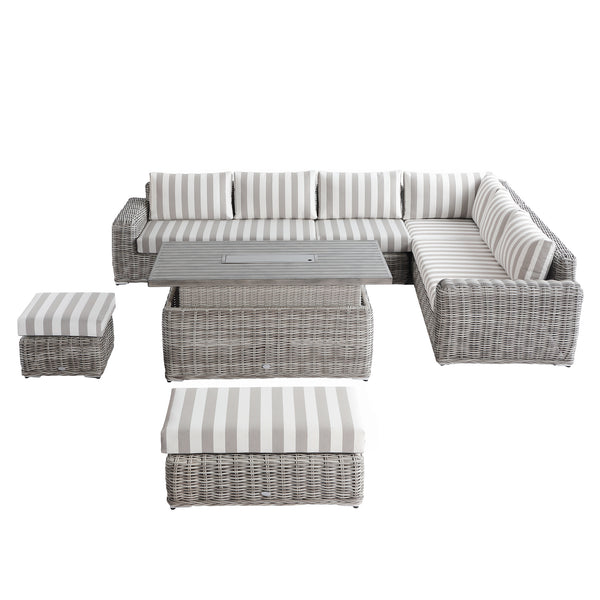 Bellagio Round Wicker Large Corner Casual Dining Set with Rising Firepit Table, Light Grey with Taupe Stripes