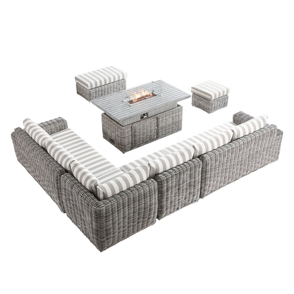 Bellagio Round Wicker Large Corner Casual Dining Set with Rising Firepit Table, Light Grey with Taupe Stripes