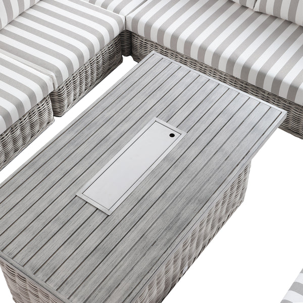 Bellagio Round Wicker Large Corner Casual Dining Set with Rising Firepit Table, Light Grey with Taupe Stripes