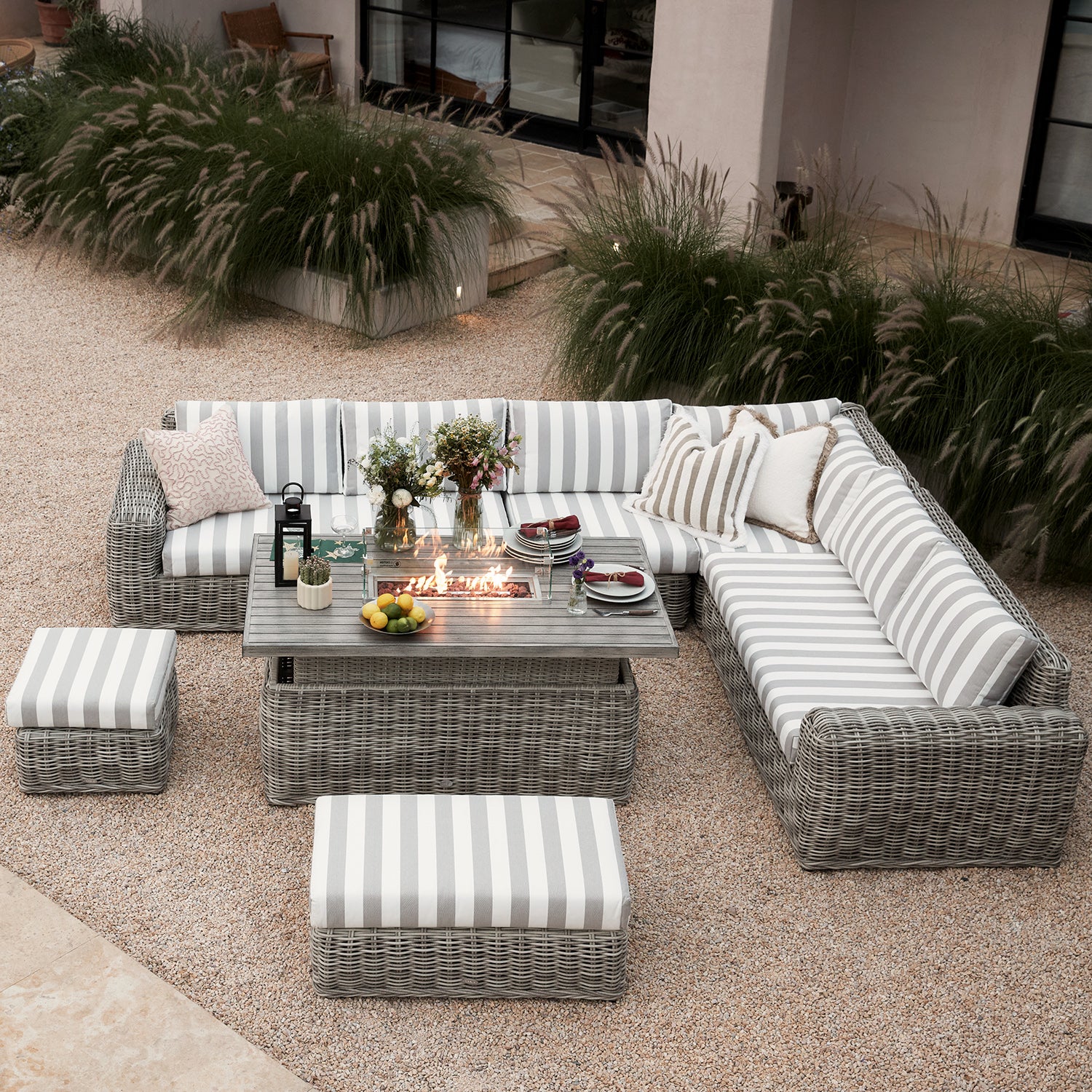 Bellagio Round Wicker Large Corner Casual Dining Set with Rising Firepit Table, Light Grey with Taupe Stripes - daals