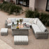 Bellagio Round Wicker Large Corner Casual Dining Set with Rising Firepit Table, Light Grey with Taupe Stripes - daals