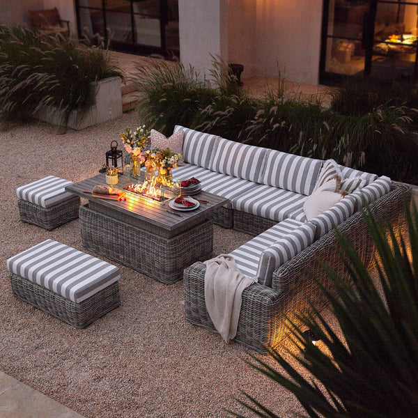 Bellagio Round Wicker Large Corner Casual Dining Set with Rising Firepit Table, Light Grey with Taupe Stripes - daals