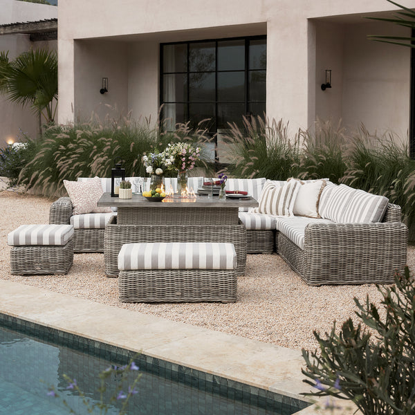 Bellagio Round Wicker Large Corner Casual Dining Set with Rising Firepit Table, Light Grey with Taupe Stripes - daals