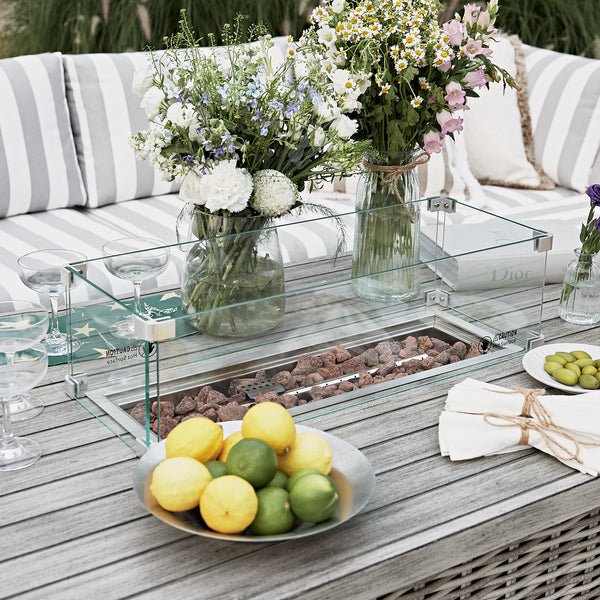 Bellagio Round Wicker Large Corner Casual Dining Set with Rising Firepit Table, Light Grey with Taupe Stripes - daals