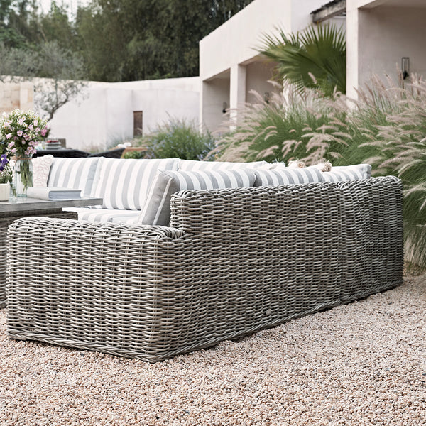 Bellagio Round Wicker Large Corner Casual Dining Set with Rising Firepit Table, Light Grey with Taupe Stripes - daals