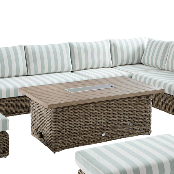 Bellagio Round Wicker Large Corner Casual Dining Set with Rising Firepit Table, Natural with Sage Stripes - daals