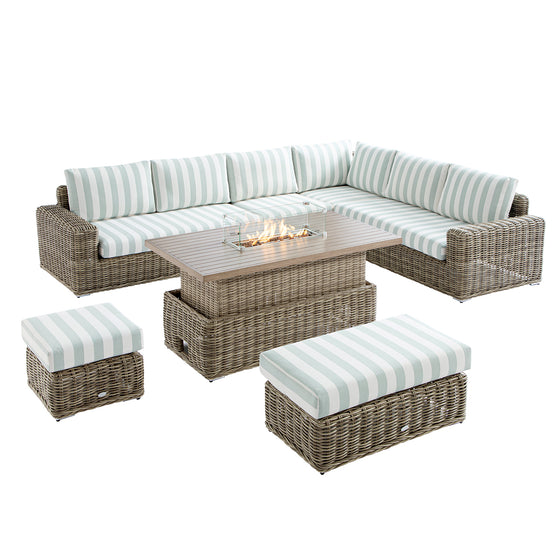 Bellagio Round Wicker Large Corner Casual Dining Set with Rising Firepit Table, Natural with Sage Stripes