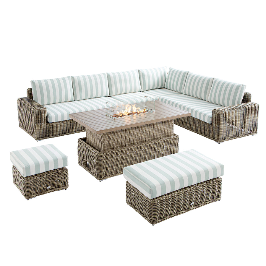 Bellagio Round Wicker Large Corner Casual Dining Set with Rising Firepit Table, Natural with Sage Stripes