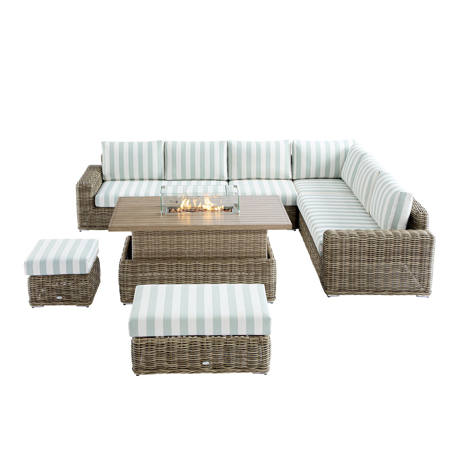 Bellagio Round Wicker Large Corner Casual Dining Set with Rising Firepit Table, Natural with Sage Stripes