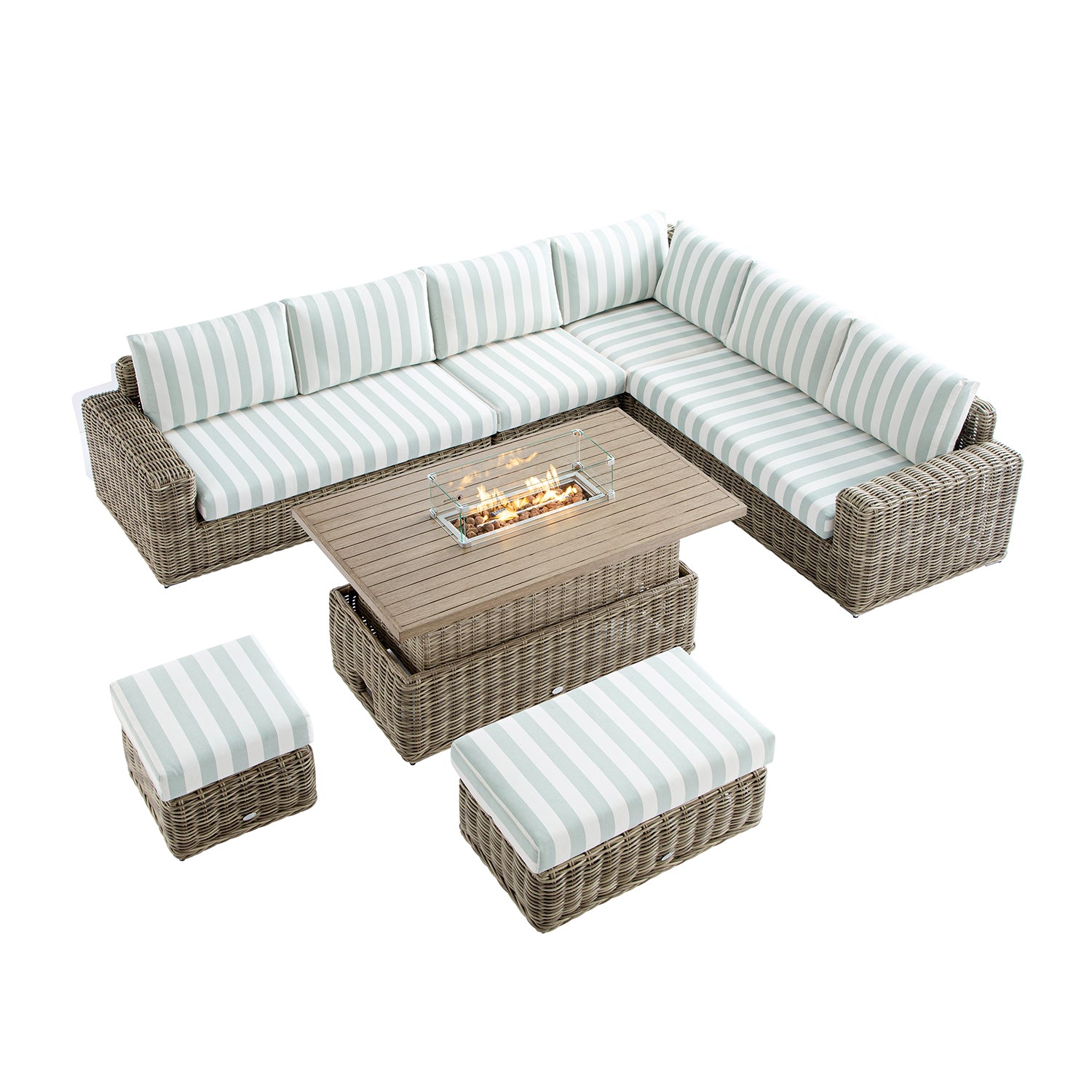 Bellagio Round Wicker Large Corner Casual Dining Set with Rising Firepit Table, Natural with Sage Stripes