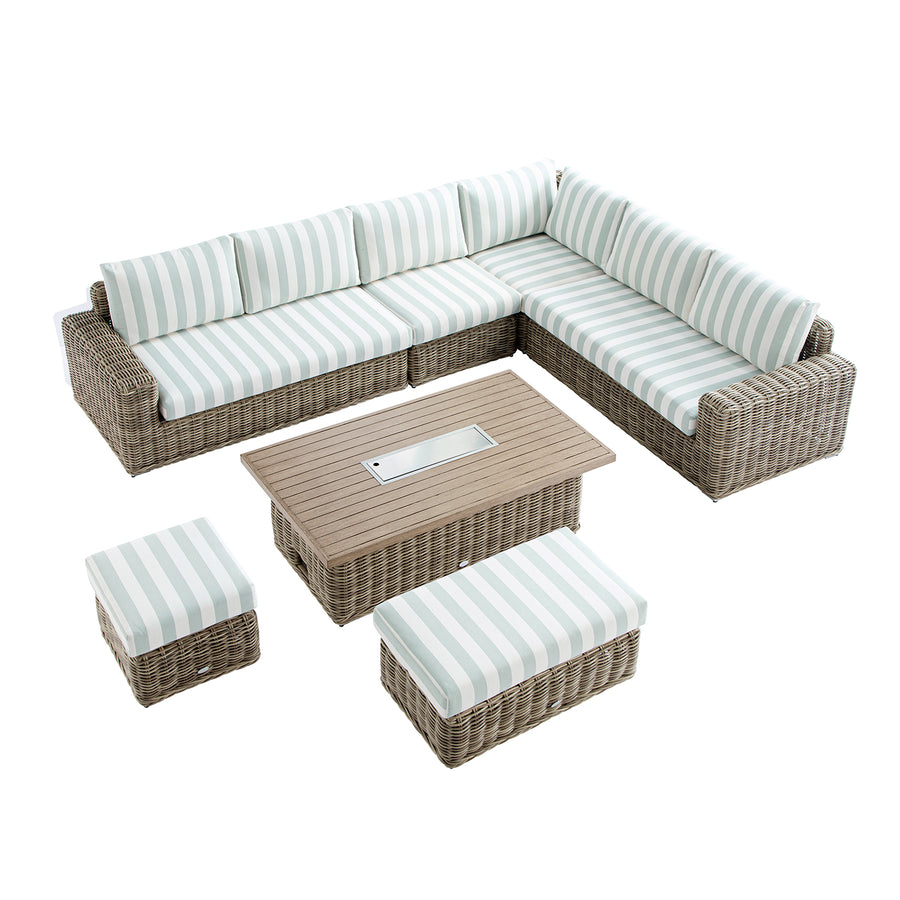Bellagio Round Wicker Large Corner Casual Dining Set with Rising Firepit Table, Natural with Sage Stripes