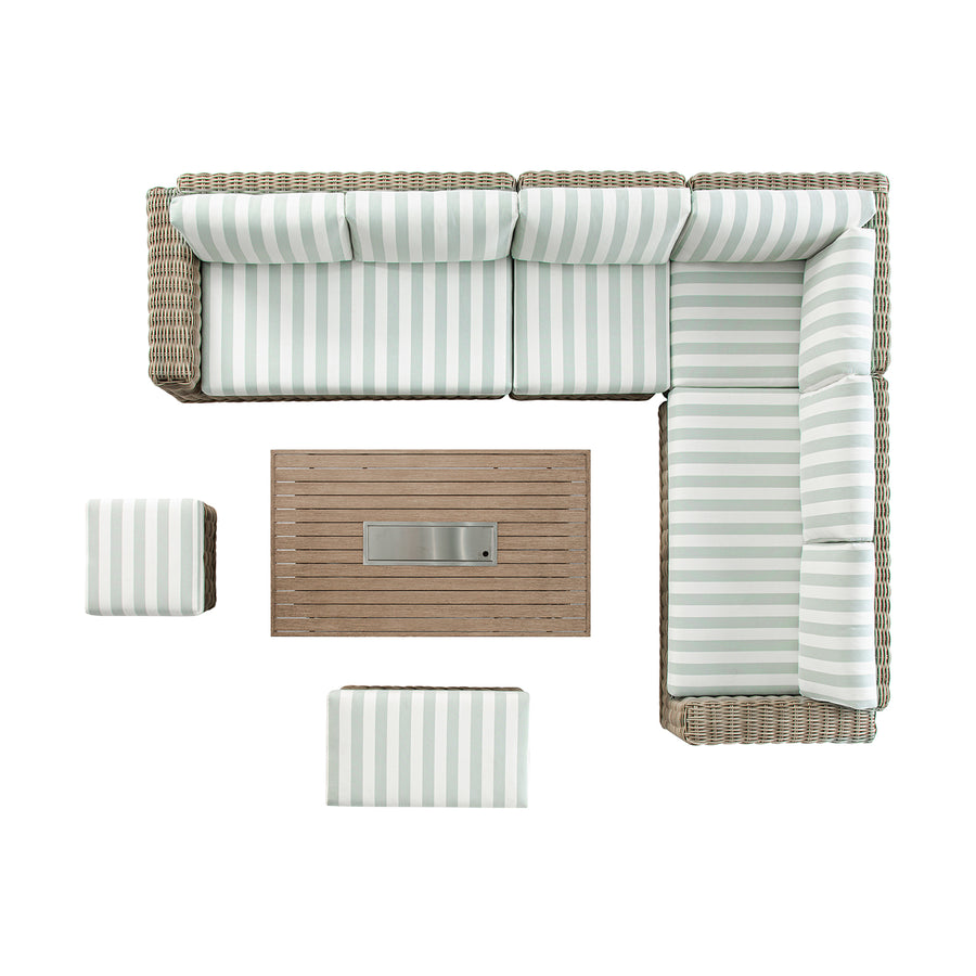 Bellagio Round Wicker Large Corner Casual Dining Set with Rising Firepit Table, Natural with Sage Stripes