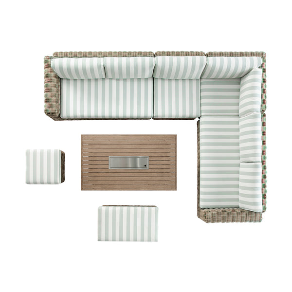 Bellagio Round Wicker Large Corner Casual Dining Set with Rising Firepit Table, Natural with Sage Stripes - daals