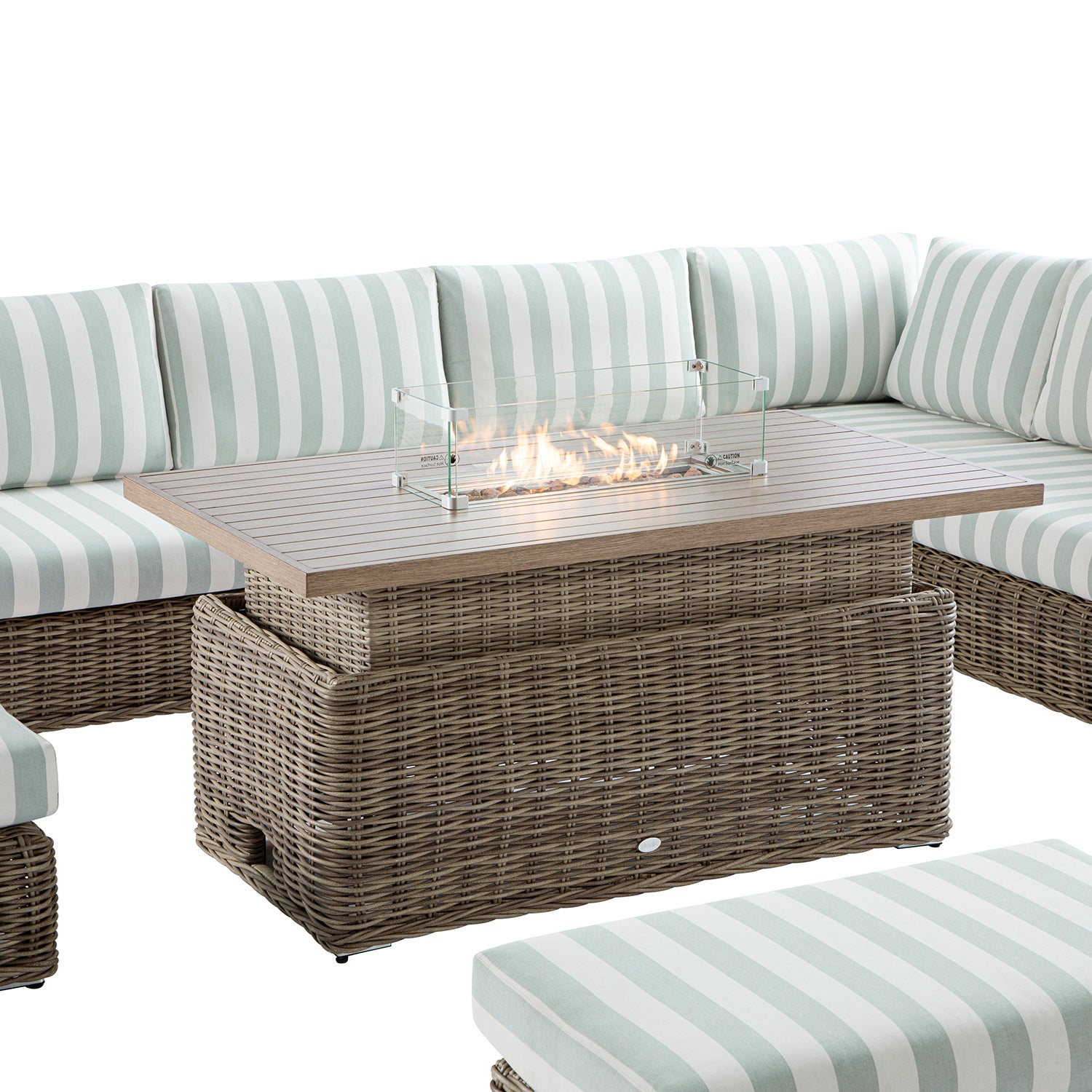 Bellagio Round Wicker Large Corner Casual Dining Set with Rising Firepit Table, Natural with Sage Stripes