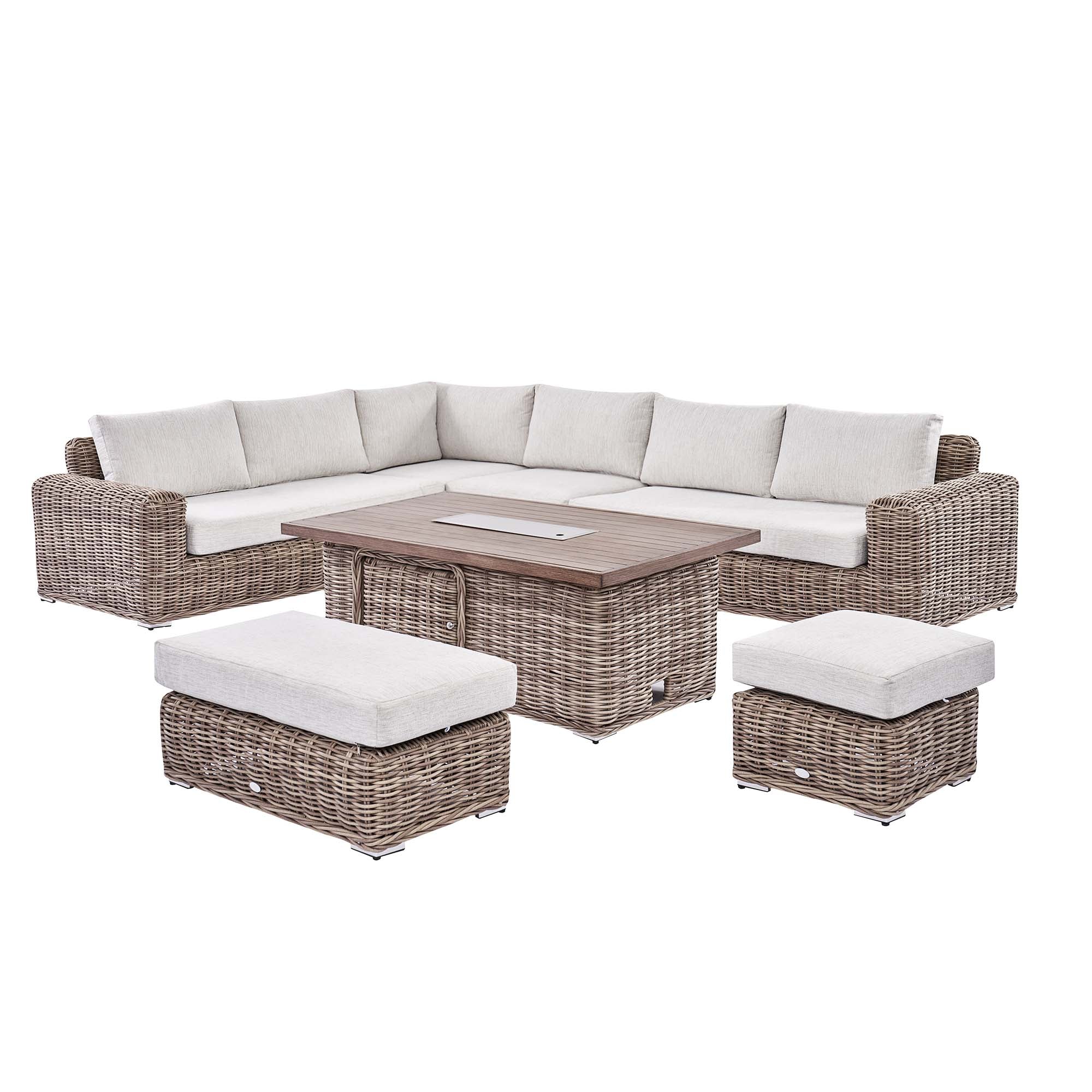 Bellagio Round Wicker Large Corner Casual Dining Set with Rising Firepit Table, Natural