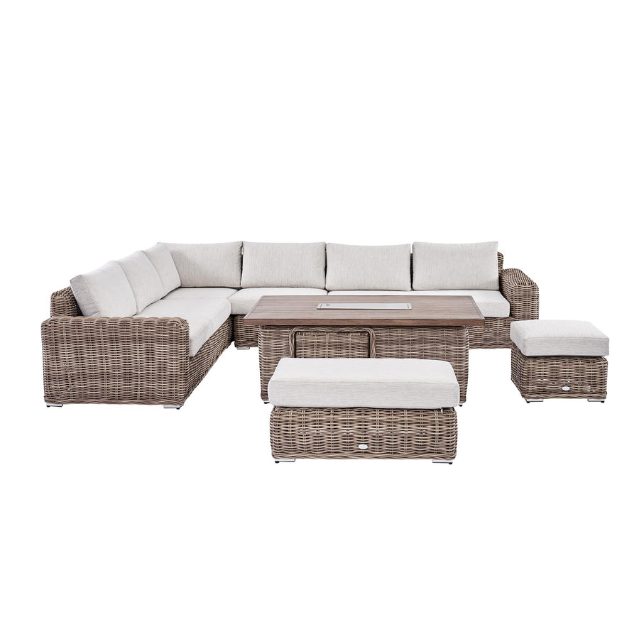 Bellagio Round Wicker Large Corner Casual Dining Set with Rising Firepit Table, Natural