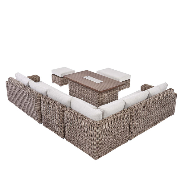 Bellagio Round Wicker Large Corner Casual Dining Set with Rising Firepit Table, Natural
