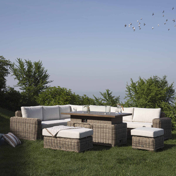 Bellagio Round Wicker Large Corner Casual Dining Set with Rising Firepit Table, Natural