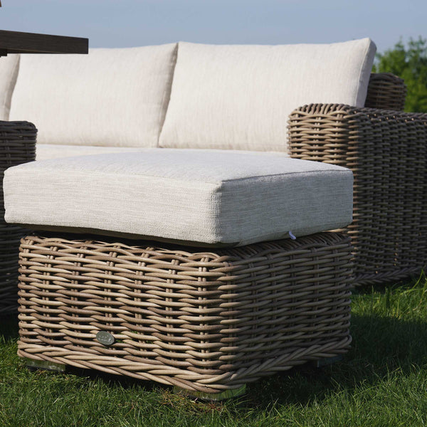 Bellagio Round Wicker Large Corner Casual Dining Set with Rising Firepit Table, Natural