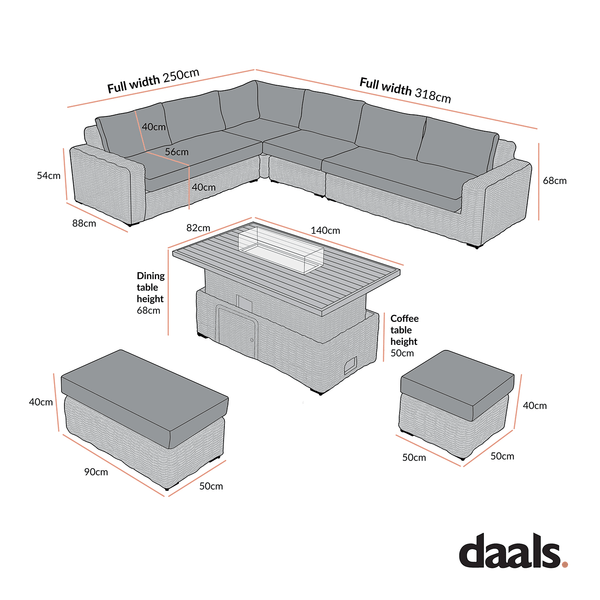 Bellagio Round Wicker Large Corner Casual Dining Set with Rising Firepit Table, Light Grey